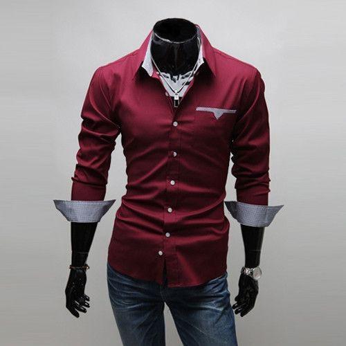 Mens Luxury Long Sleeve Casual Slim Fit Stylish Dress Shirts - Red